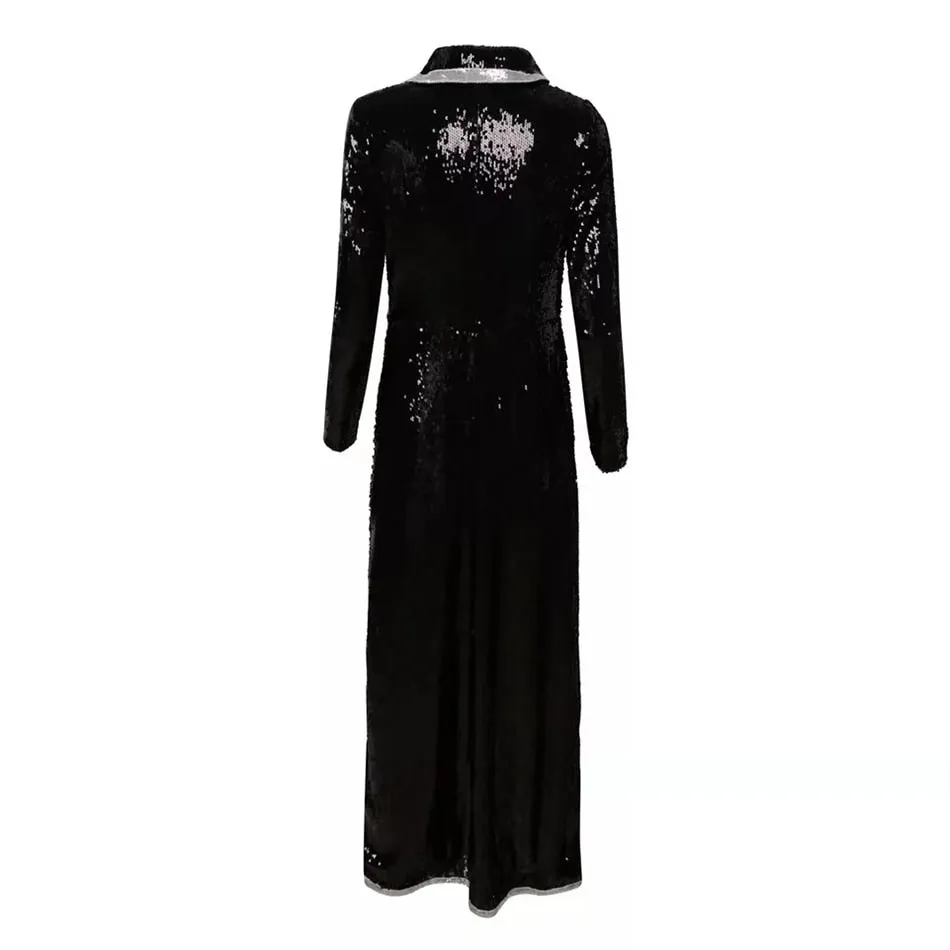 black sequins V-neck long-sleeved double-breasted