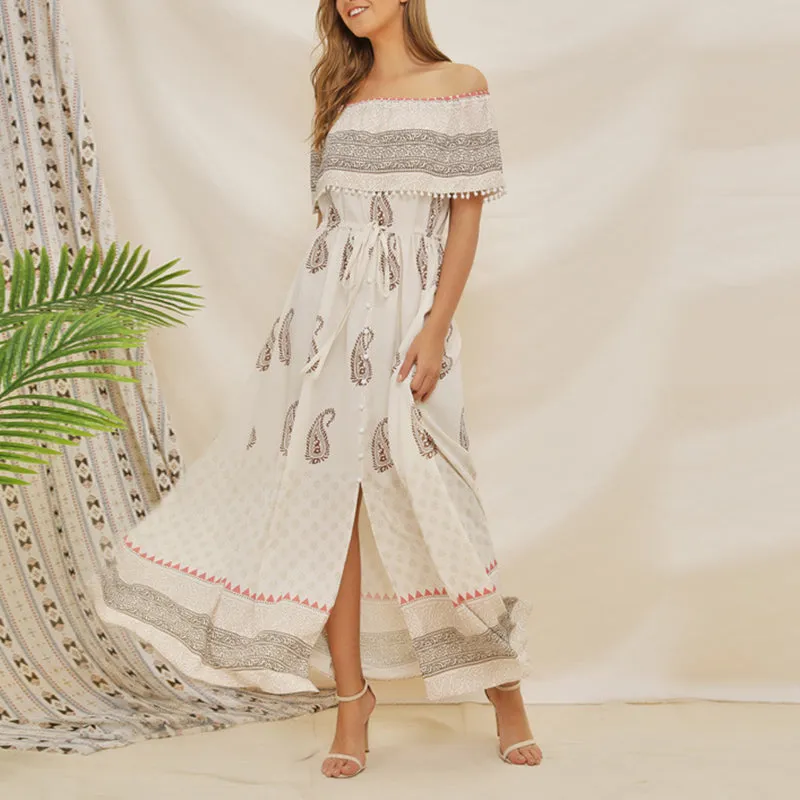 Bohemian Dress With One Shoulder Stitching Chiffon Print Dress