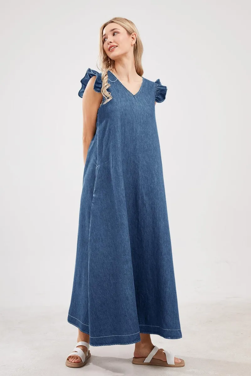 Chouyatou Womens Long Denim Dress Casual Loose Fit Ruffle Sleeveless V-Neck Jean Maxi Dresses for Women 2025