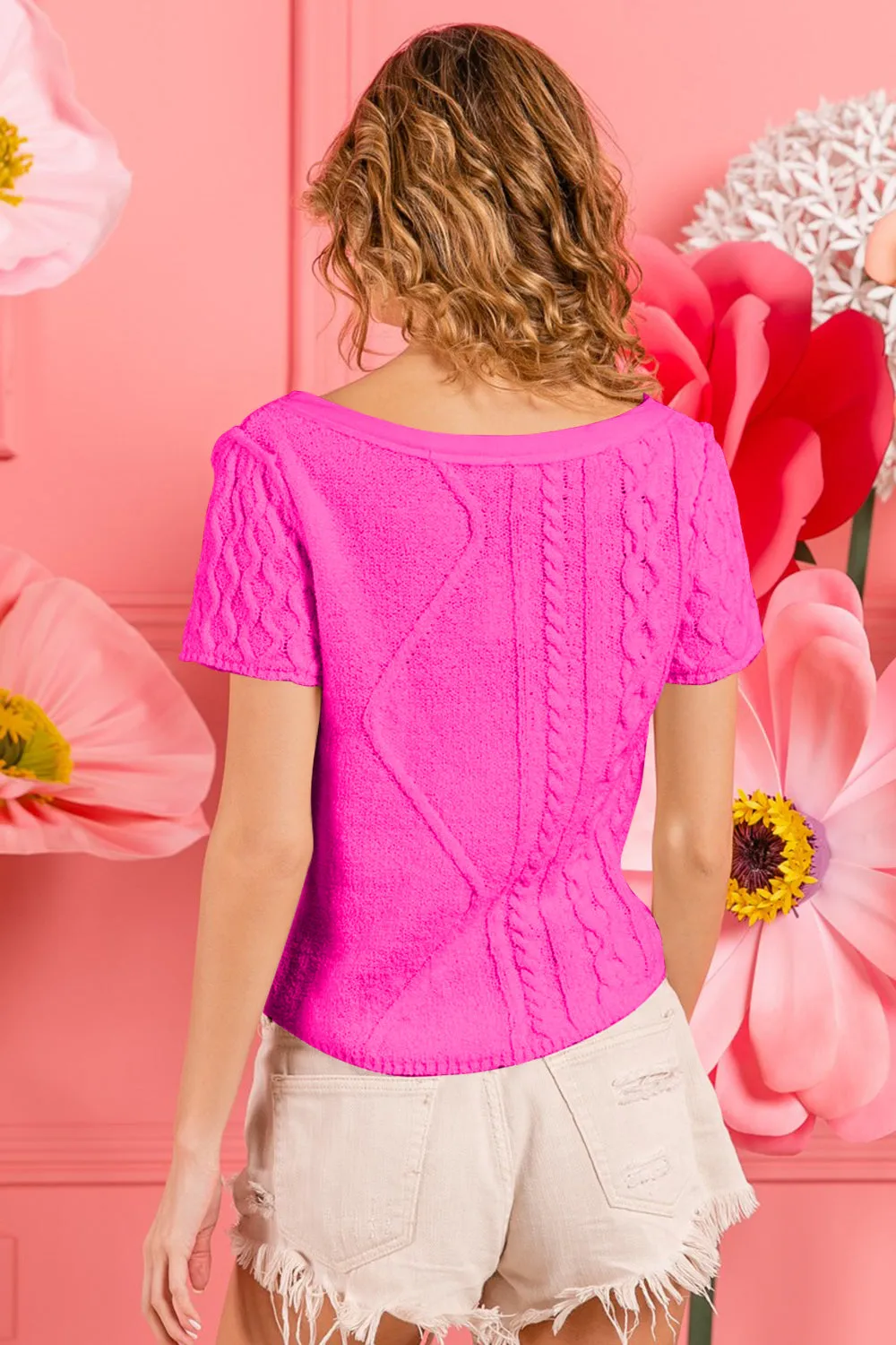 Hazel Blues® |  BiBi Cable Knit Short Sleeve Sweater