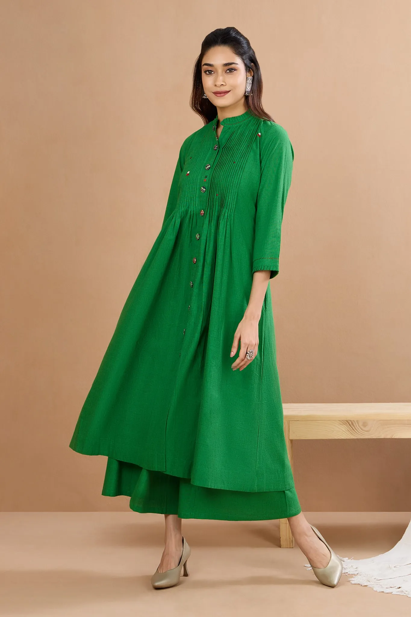 Lush Parrot Meadow Dance Pleated Neck Pintuck Dress