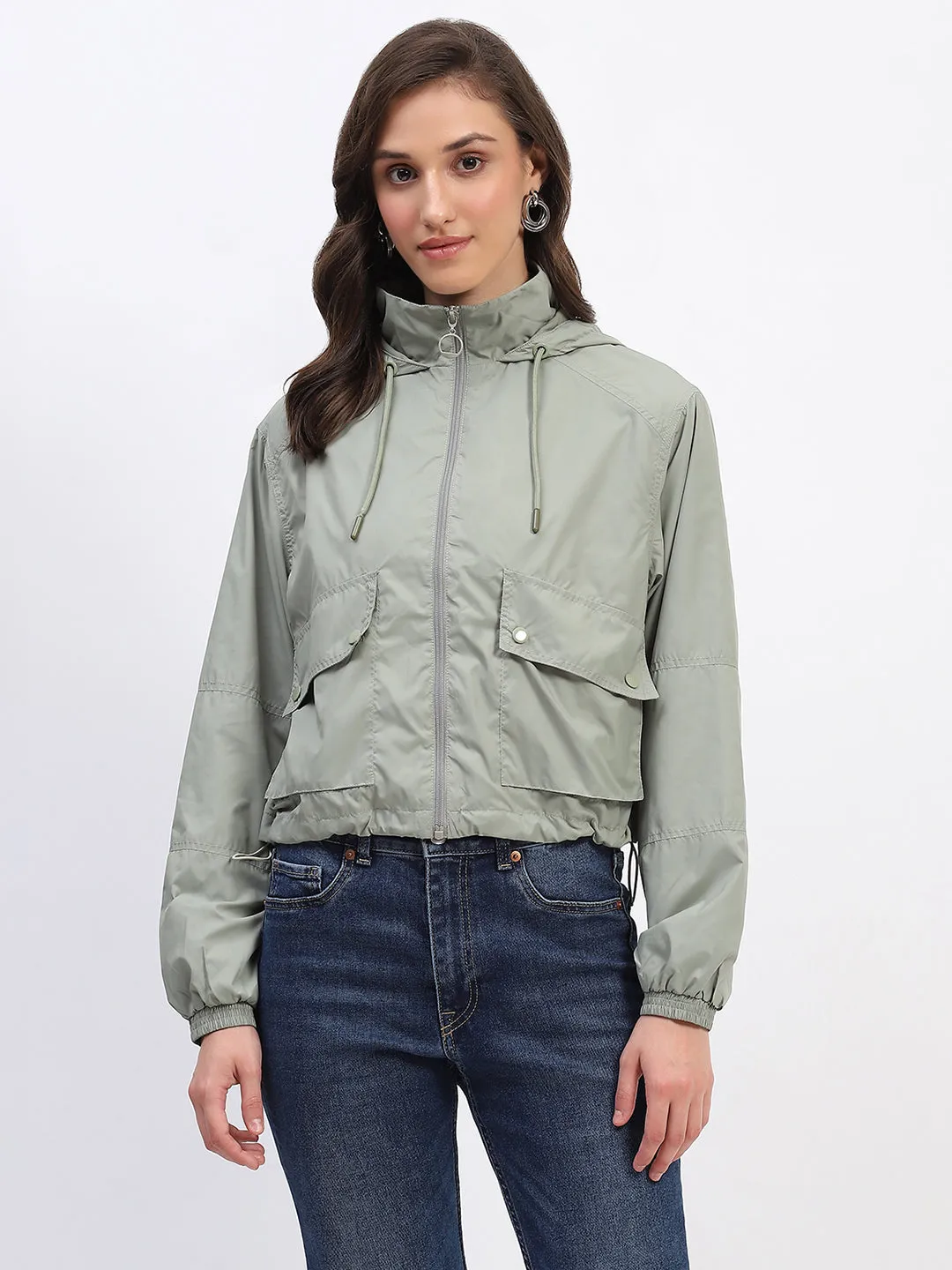 Madame Olive Green Cropped Windbreaker Jacket