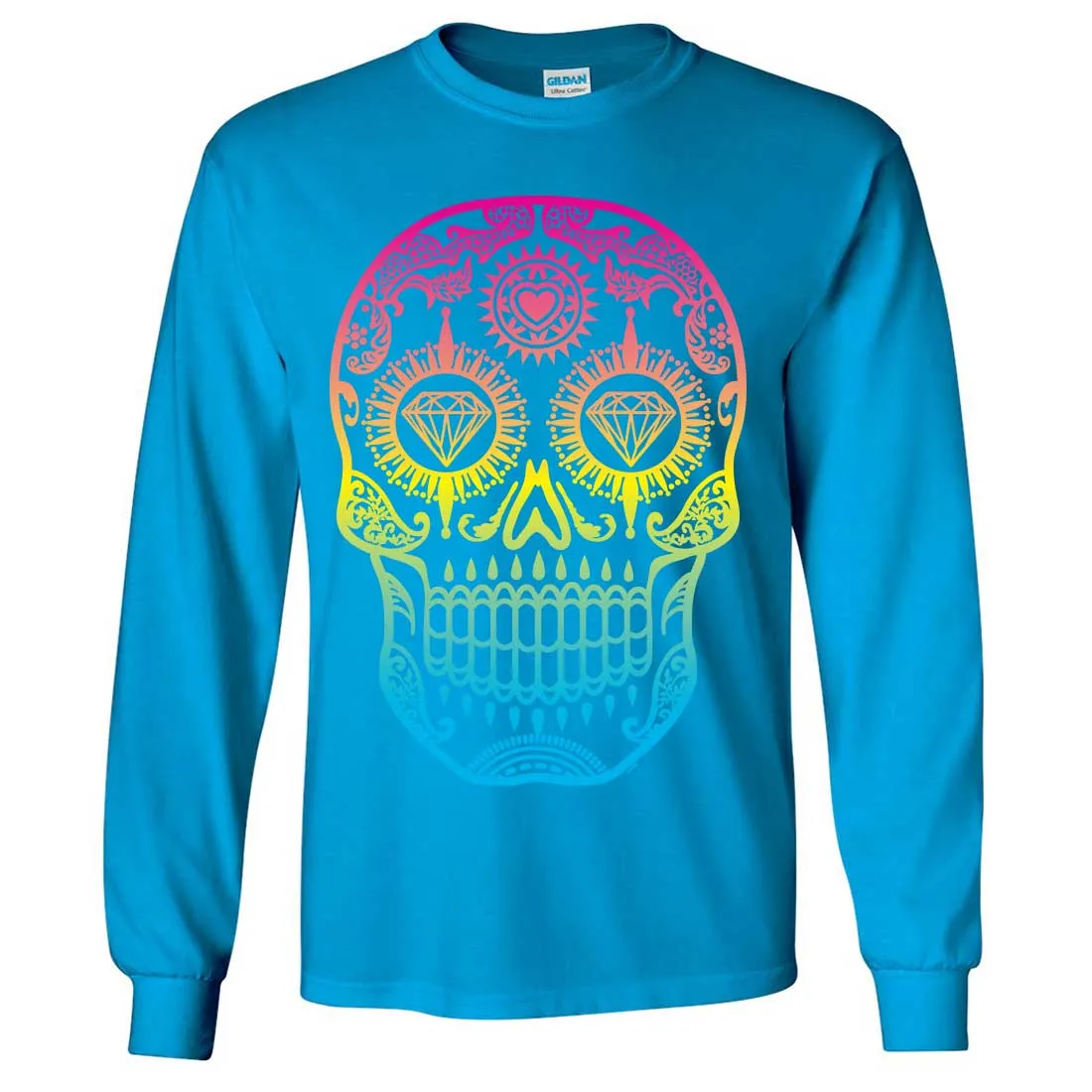 Neon Diamond Eyes Smiling Sugar Skull Long Sleeve Shirt
