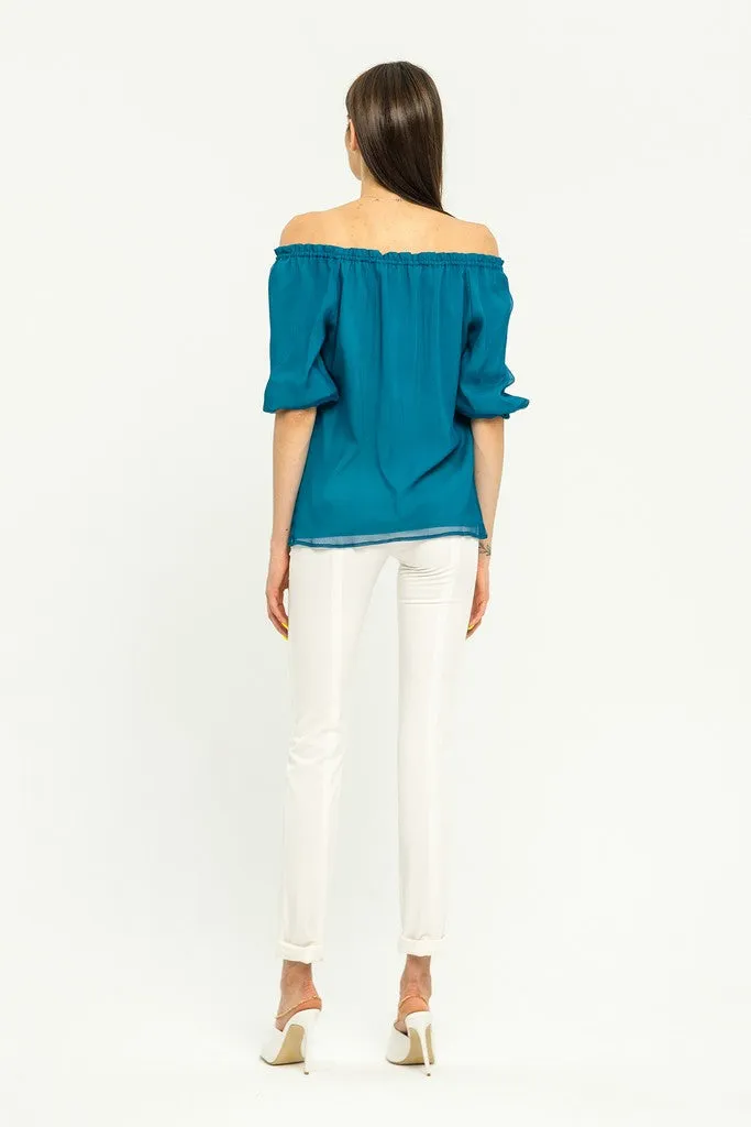Summer Turquoise Day Off The Shoulder Elbow Sleeve Solid Color Silk Blouse