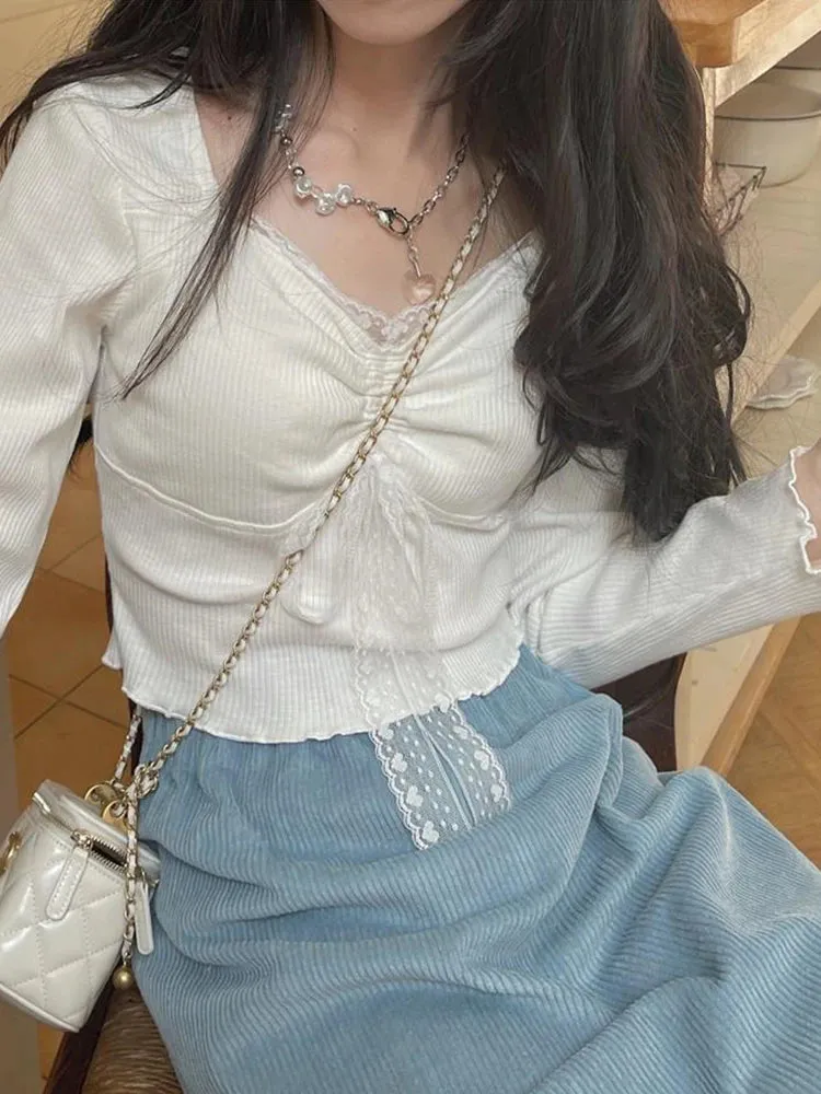 Sweet Lace Long Sleeve Casual Chic Shirt-Top
