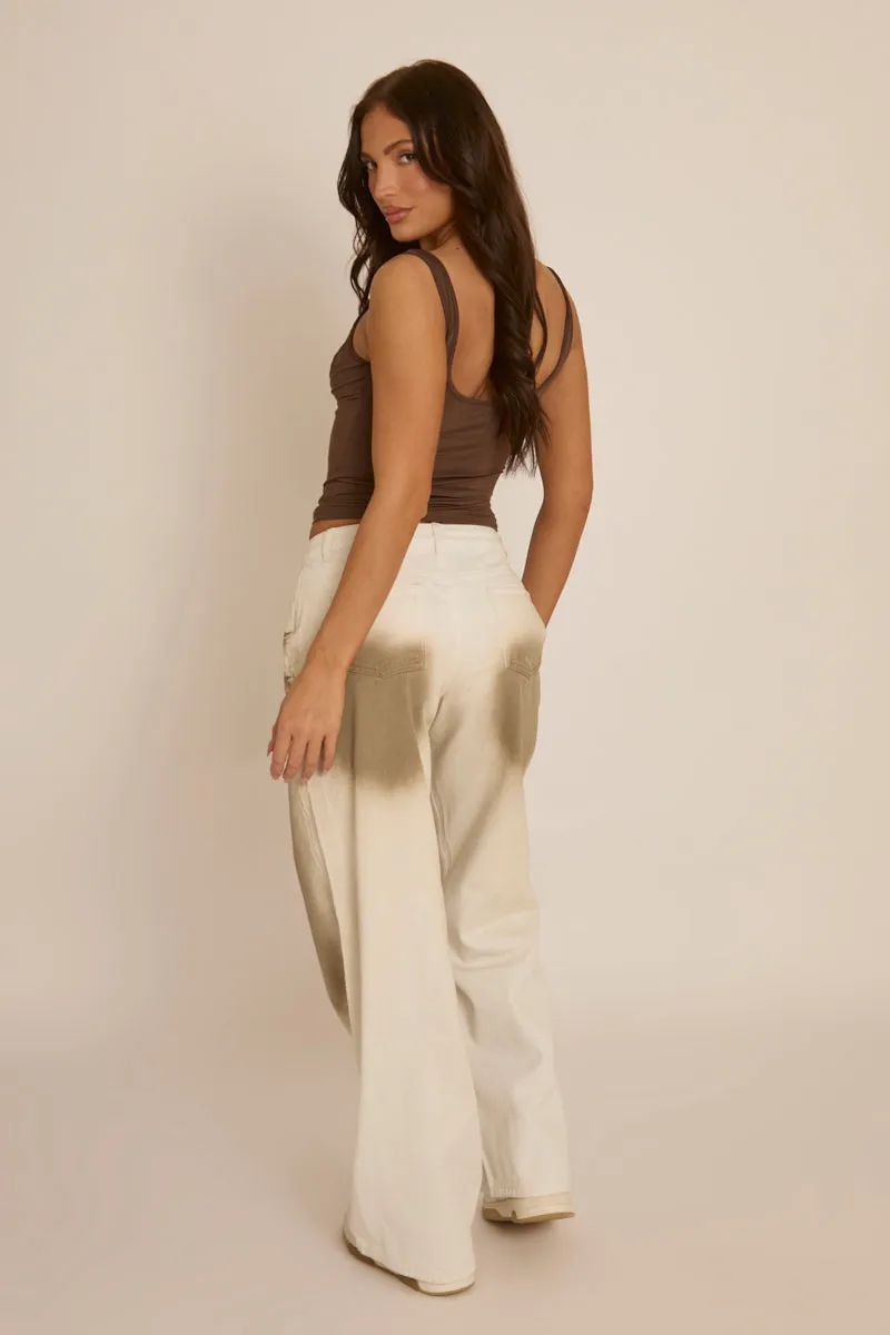 White Brown Spray Wash Low Rise Wide Leg Jeans - Heidi