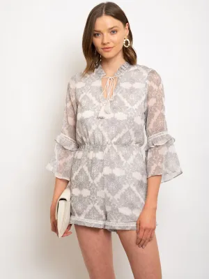 WOMEN'S 3/4 SLEEVE RUFFLE METALLIC FLORAL PRINT ROMPER