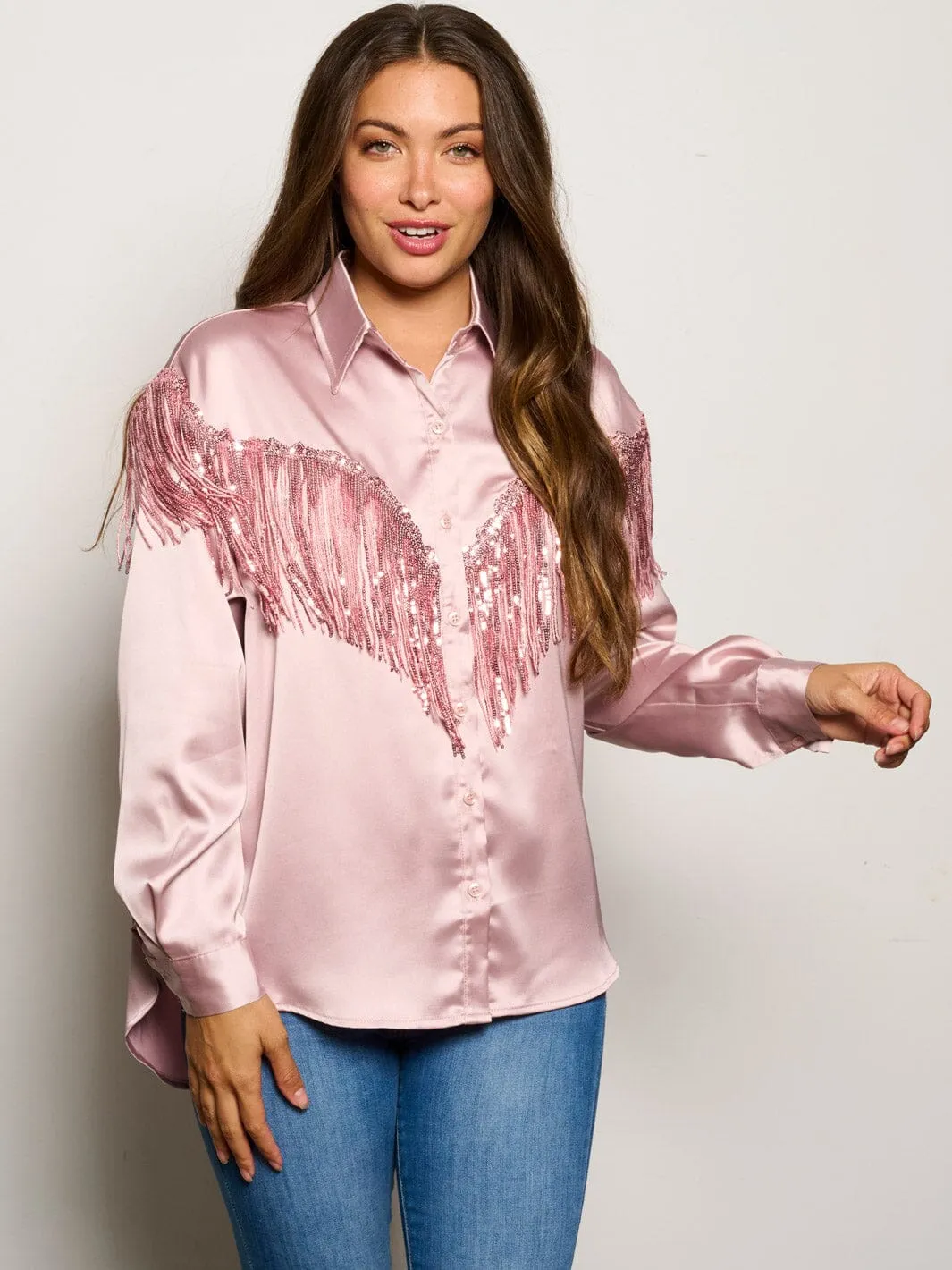 WOMEN'S LONG SLEEVE BUTTON UP SILK FRINGE BLOUSE TOP