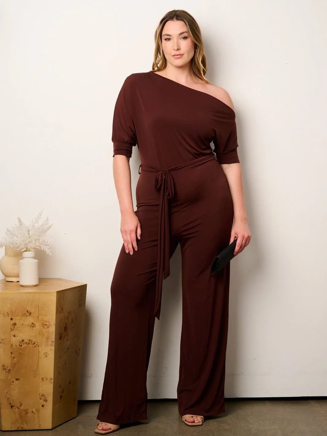 WOMEN'S SHORT SLEEVE OFF SHOULDER SELF TIE WIDE LEG JUMPSUIT